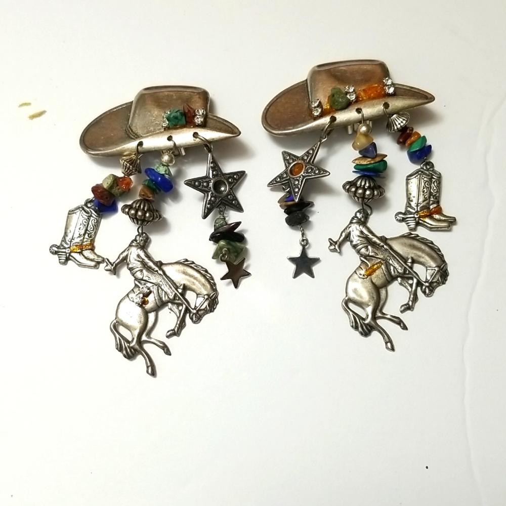 Cowgirl Dangle Western Rodeo Multi Charm Vintage Clip  Earrings